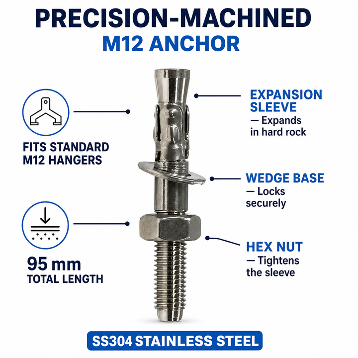Dynamo SS304 Expansion Bolt ? Durable Outdoor Wedge Anchor for Medium to High Hardness Rocks, M12x95mm