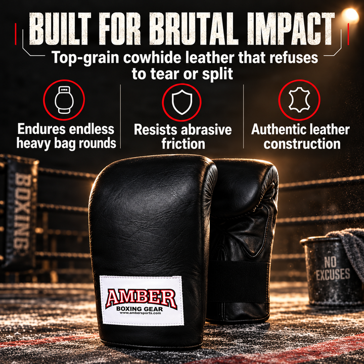 Amber Fight Gear Top-Grain Leather Boxing Bag Gloves with Shock-Absorbing Padding