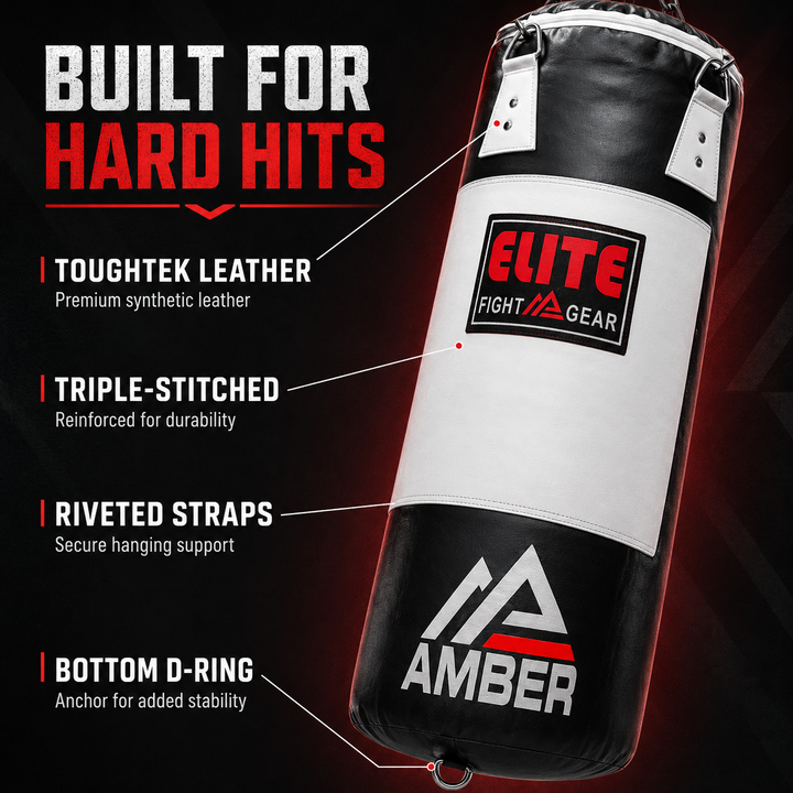 Elite Strikeforce Heavybag for Boxing, Kickboxing, MMA, Muay Thai ToughTek Leather, Triple Stitched, Sand Weighted, D-Ring, Chains &amp; Swivel