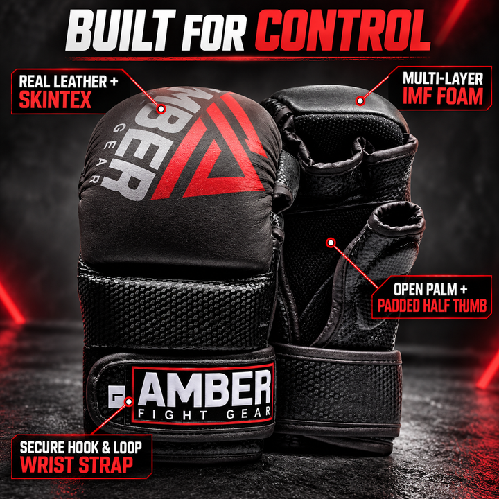 Contender Sparring MMA Gloves, Real Leather Hybrid Grappling Gloves for Martial Arts, Boxing, Combat Training, Open Palm, Padded Half Thumb, Shock-Absorbing Foam