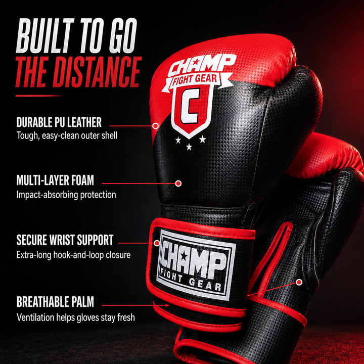 Champ Boxing Gloves for Training, Sparring, Kickboxing, MMA, Muay Thai, Durable PU Leather, Multi-Layered Foam, Wrist Support, Breathable Design