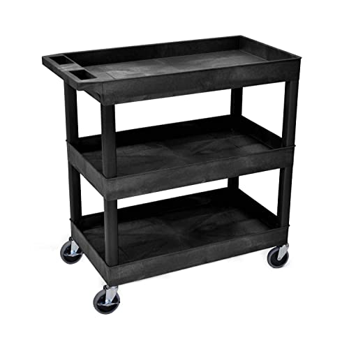 Offex 32 x 18 inches Mobile Multipurpose Utility Tub Cart with 3 Shelves and Ergonomic Handle, Black, Great for Warehouse, Garage and More