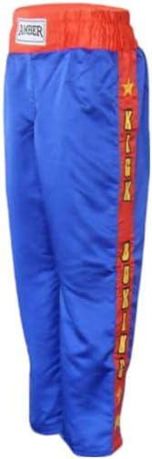 Amber Fight Gear Nylon/Satin Kickboxing Pants Featuring 3" Boxing Style Waistband and Drawstring, and Durability, Blue/Red/Yellow, Small