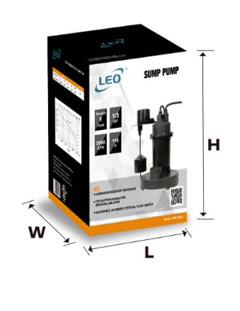 Leo Pump Thermoplastic Sump Pump with Top Suction Design, Vertical Float Switch, and Corrosion-Resistant Construction - Ideal for 14Inch Basins - Includes 1-1/2 NPT Discharge &amp; Adapter, 1/3HP 115V/60HZ