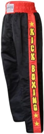 Amber Fight Gear Nylon/Satin Kickboxing Pants Featuring 3" Boxing Style Waistband and Drawstring, and Durability, Black/Red/Yellow, Small