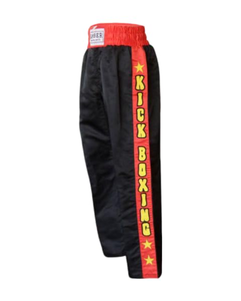 Amber Fight Gear Nylon/Satin Kickboxing Pants Featuring 3" Boxing Style Waistband and Drawstring, and Durability, Black/Red/Yellow, Large