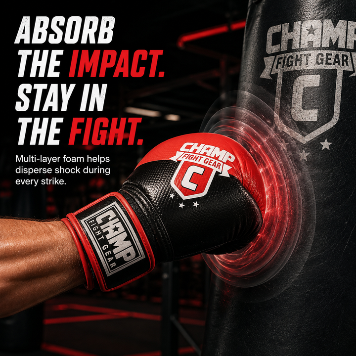 Champ Boxing Gloves for Training, Sparring, Kickboxing, MMA, Muay Thai, Durable PU Leather, Multi-Layered Foam, Wrist Support, Breathable Design