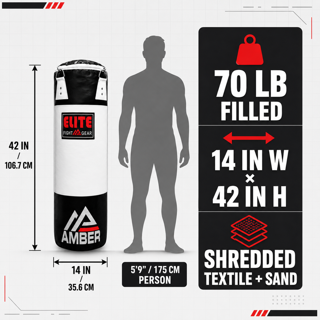 Elite Strikeforce Heavybag for Boxing, Kickboxing, MMA, Muay Thai ToughTek Leather, Triple Stitched, Sand Weighted, D-Ring, Chains &amp; Swivel