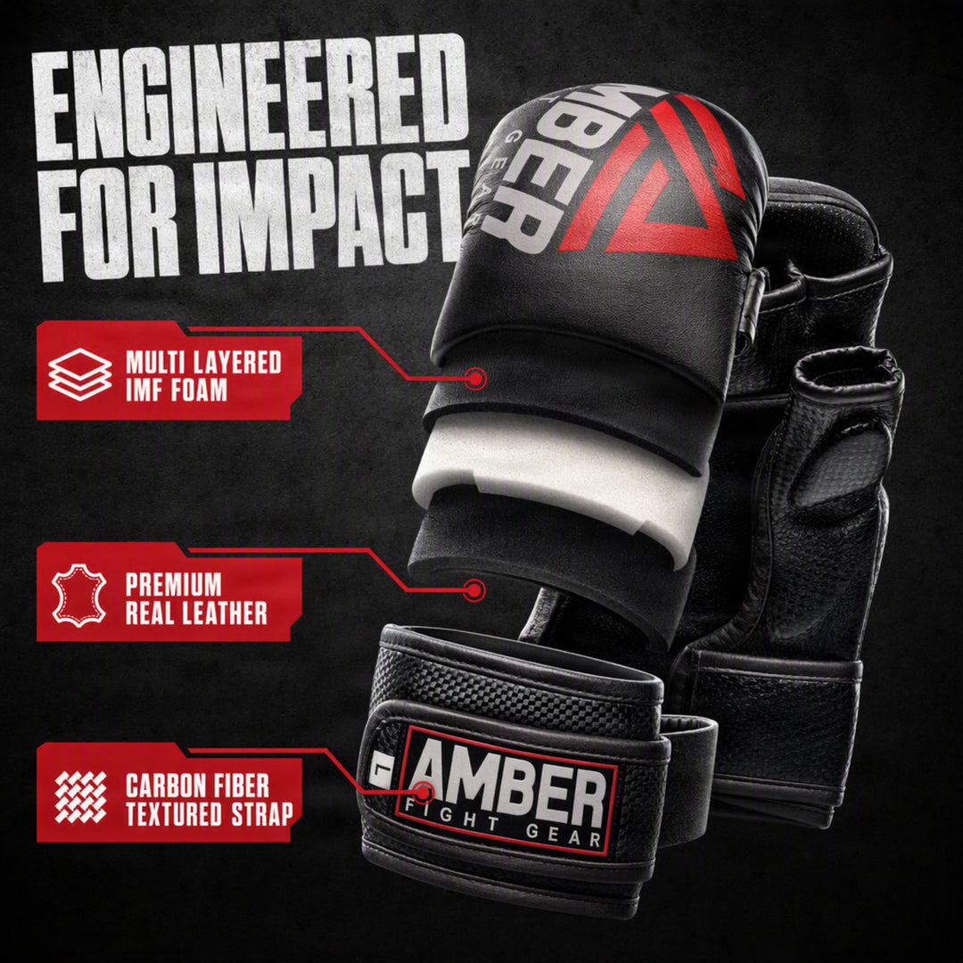 Contender Sparring MMA Gloves, Real Leather Hybrid Grappling Gloves for Martial Arts, Boxing, Combat Training, Open Palm, Padded Half Thumb, Shock-Absorbing Foam