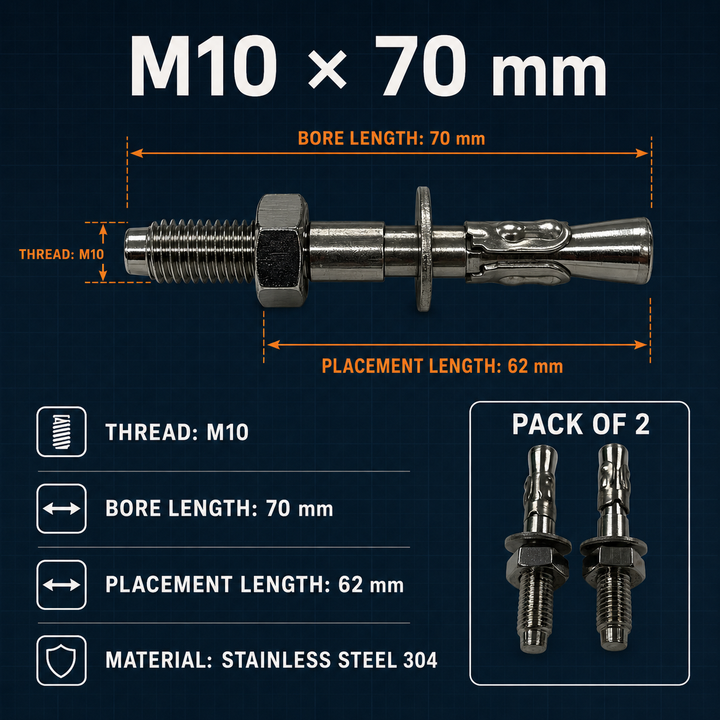 Dynamo Stainless Steel 304 Wedge Expansion Bolt for Hard Rock - Outdoor Use, 25kN Minimum Strength M10x70mm, Pack of 2