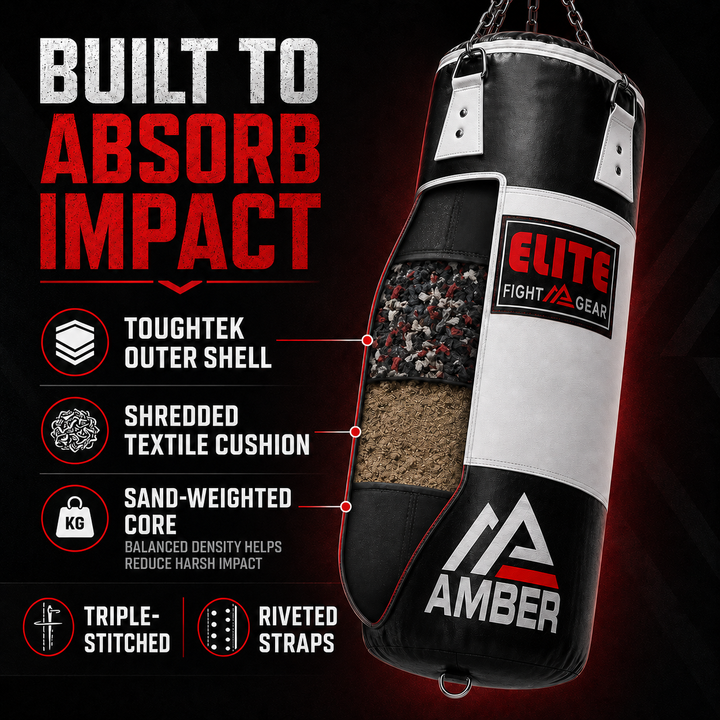 Elite Strikeforce Heavybag for Boxing, Kickboxing, MMA, Muay Thai ToughTek Leather, Triple Stitched, Sand Weighted, D-Ring, Chains &amp; Swivel