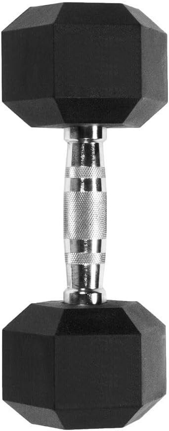 Rubber Encased Hex Dumbbell Weight, Solid Cast Iron Core, Chrome Knurled Handle, Anti-Roll Hex Design, Single Dumbbell for Strength Training, Available 3lb to 100lb