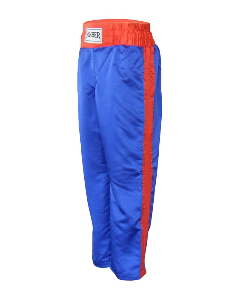 Amber Fight Gear Nylon/Satin Kickboxing Pants Featuring 3" Boxing Style Waistband and Drawstring, and Durability, Blue/Red, Large