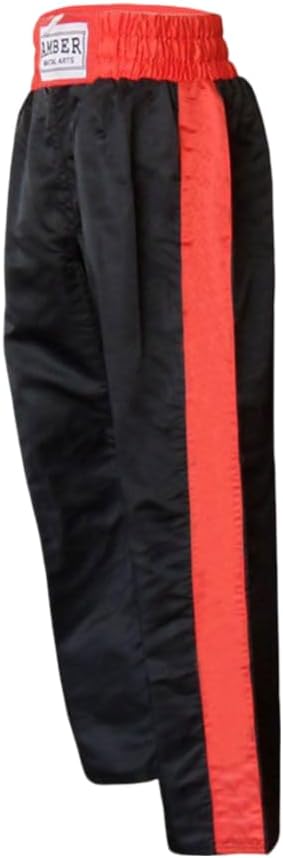 Amber Fight Gear Nylon/Satin Kickboxing Pants Featuring 3" Boxing Style Waistband and Drawstring, and Durability, Black/Red, Small