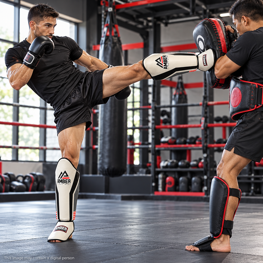 Amber Fight Gear Gladiator Muay Thai Shin Guards with Triple-Layer Foam