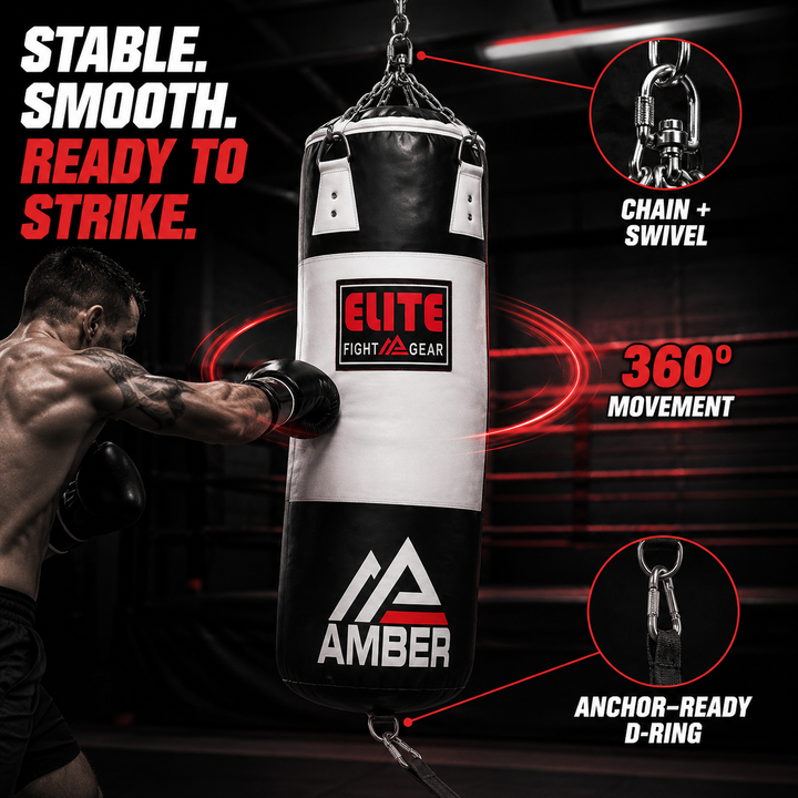 Elite Strikeforce Heavybag for Boxing, Kickboxing, MMA, Muay Thai ToughTek Leather, Triple Stitched, Sand Weighted, D-Ring, Chains &amp; Swivel