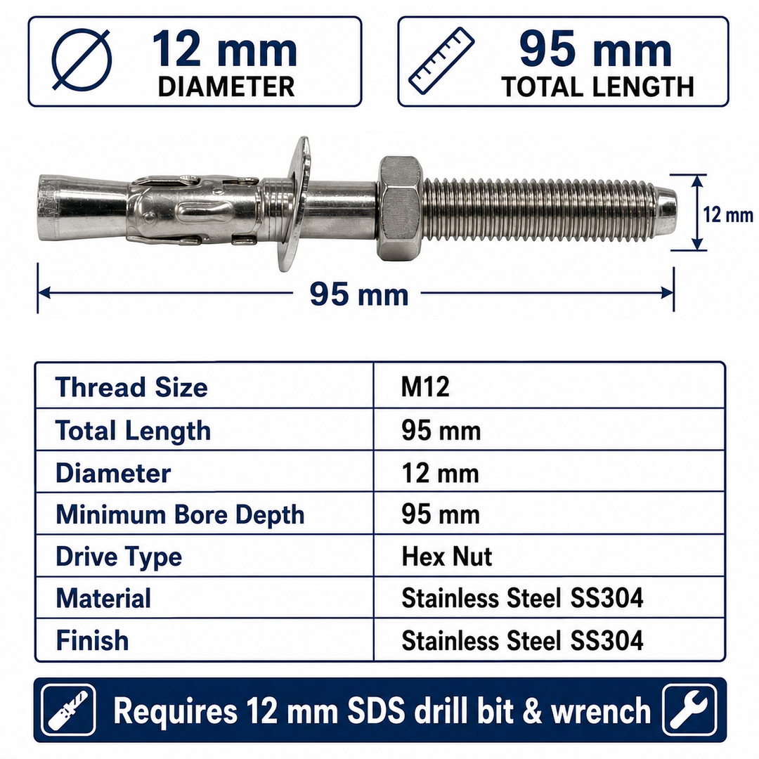Dynamo SS304 Expansion Bolt ? Durable Outdoor Wedge Anchor for Medium to High Hardness Rocks, M12x95mm