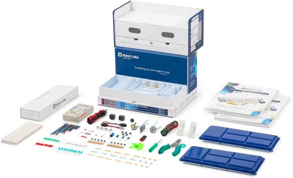 Mand Labs KIT-1 Standard Edition Version 4 STEM Electronics Kit with 57 Projects, 136 Components, 2 Guide Books, 60 Videos, and Flash Drive for DIY Learning in Electronics and Robotics
