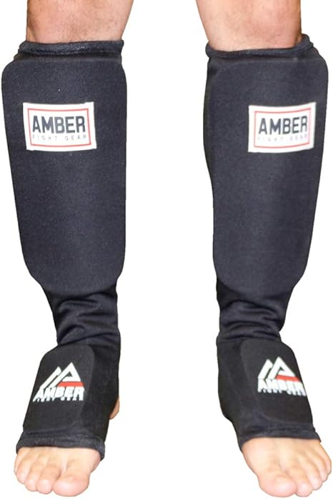 Amber Fight Gear Nylon Shin and InstepMuay Thai Shin-n-Step for Muay Thai Kickboxing MMA Protective Training Sparring Shin Guards Pair