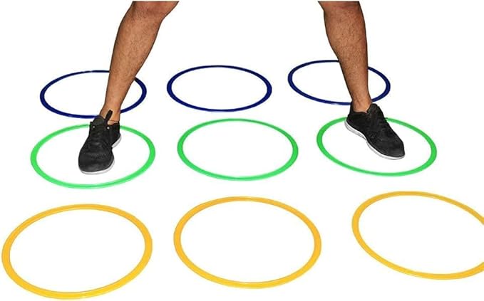 Speed Agility Circles for Trainers, Gyms, Athletics, 4 Assorted Colors, Red, Yellow, Blue, and Green (Set of 12) 18 inch