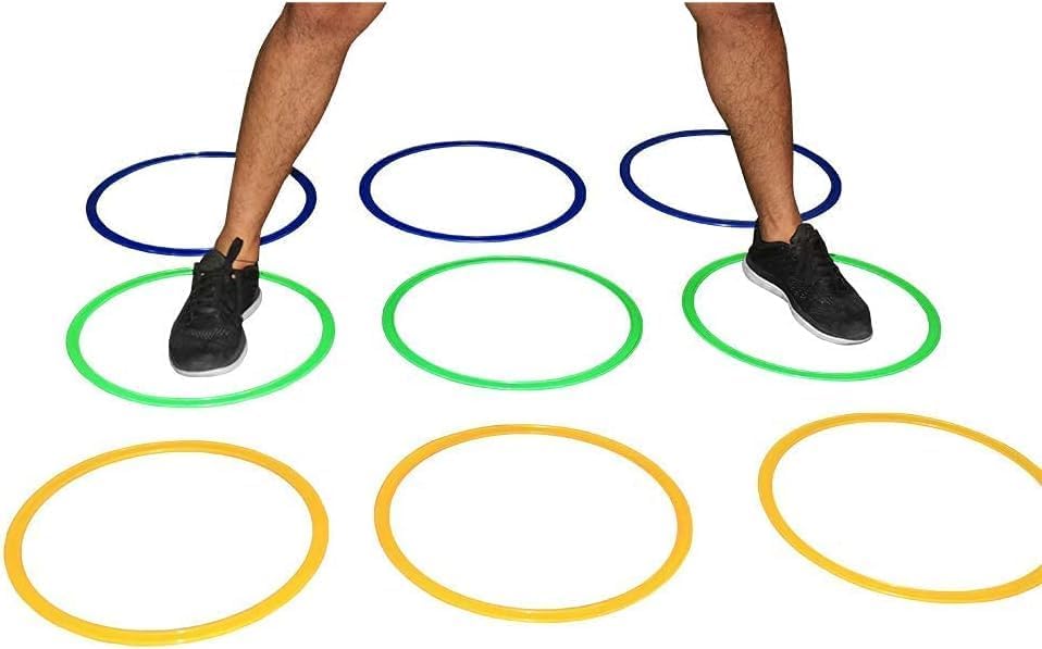 Speed Agility Circles for Trainers, Gyms, Athletics, 4 Assorted Colors, Red, Yellow, Blue, and Green (Set of 12) 14 inch