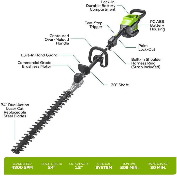 82V Short Pole Hedge Trimmer with 2.5 Ah Battery and Dual Port Charger (82PH30F-25DP) - Precision Trimming Power for Professional Landscaping