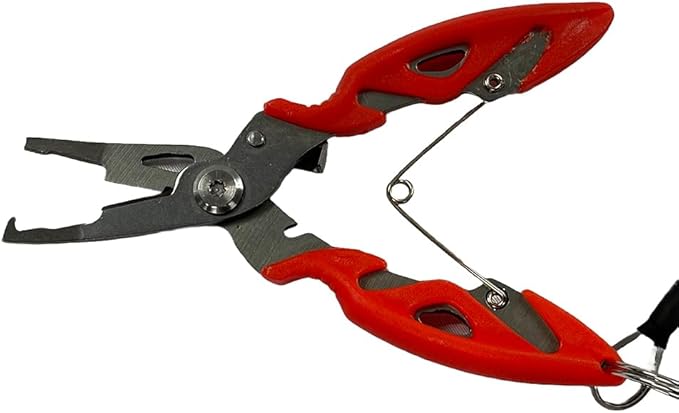 Amber Fight Gear Stainless Steel Fishing Pliers Set with Hook Remover, Braid Cutters, and Split Ring Tip - Saltwater Resistant Tools for Anglers, Red