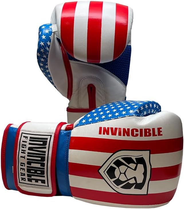 Invincible Fight Gear Hook and Loop Leather Training Boxing Gloves with USA Flag Colors - Ideal for Boxing, Kickboxing, Muay Thai, MMA for Men Women and Kids