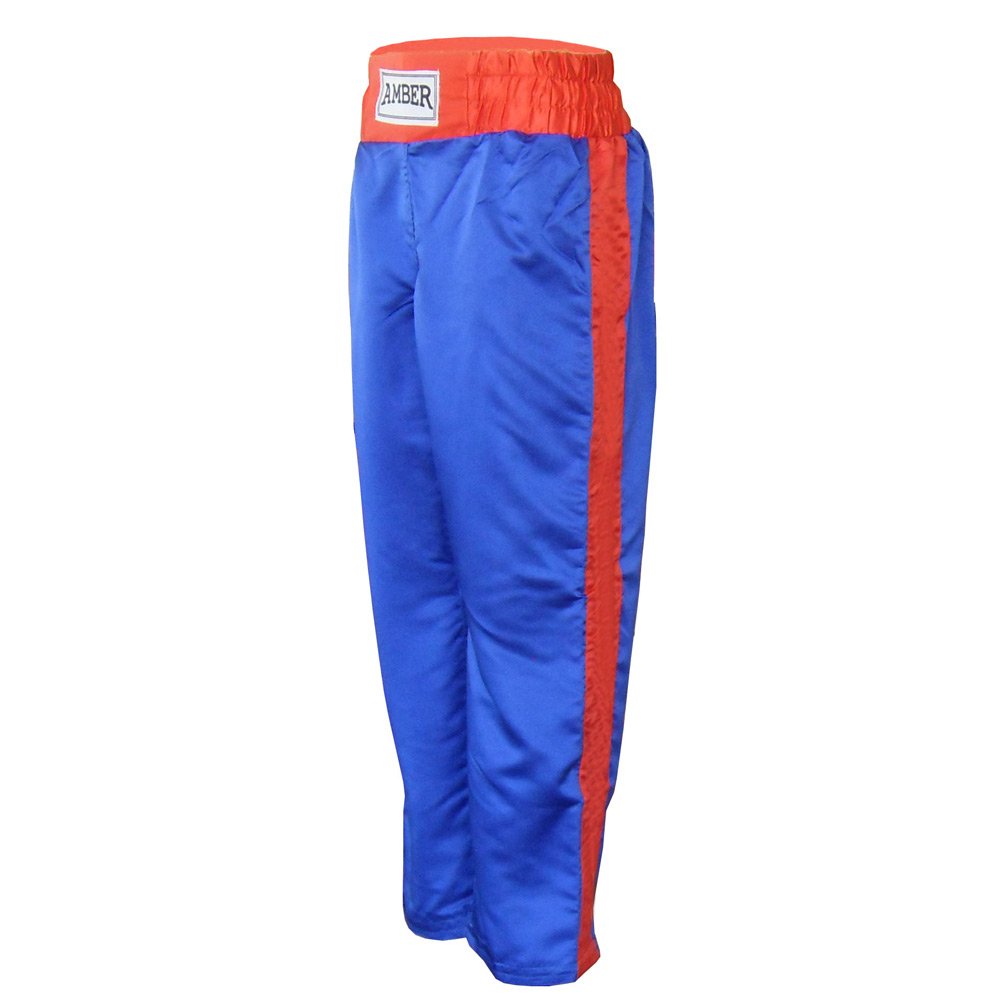 Amber Fight Gear Nylon/Satin Kickboxing Pants Featuring 3" Boxing Style Waistband and Drawstring, and Durability, Blue/Red, Medium
