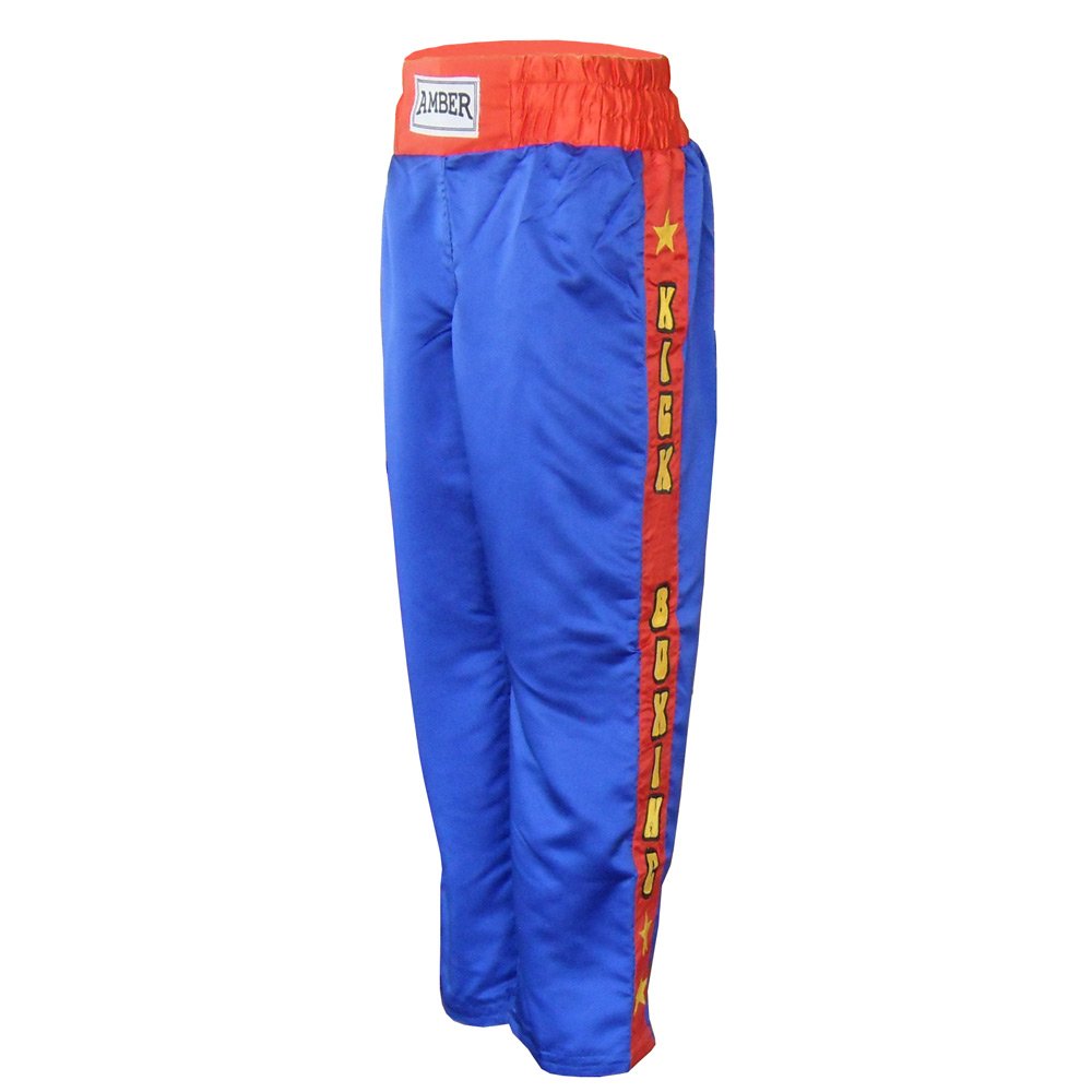 Amber Fight Gear Nylon/Satin Kickboxing Pants Featuring 3" Boxing Style Waistband and Drawstring, and Durability, Blue/Red/Yellow, X-Large