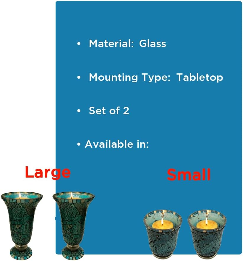 Blue Moon Glass Hurricane Candle Holder - Elegant Mosaic Table Decorations and Centerpieces for Dining/Living Room - Ideal Wedding Gift and Romantic Accent D?cor (Set of 2, Large)