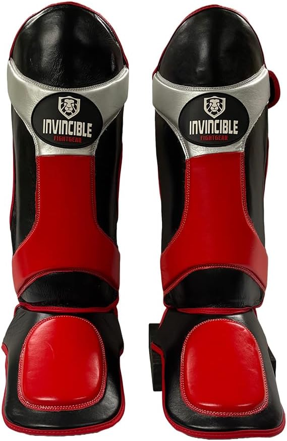 Invincible Shin &amp; Instep - Premium Synthetic Leather Shin Guards for Muay Thai, MMA, Martial Arts Training &amp; Sparring,Black/Red/Silver - Durable Protection for Adults, Teens, Men, and Women, Large