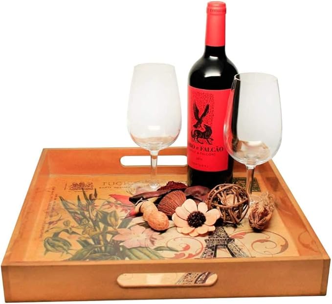 Paris Themed Serving Tray - Elegant 15" Square Platter for Breakfast, Appetizers, Coffee, Bar, and D?cor - Wooden with Vibrant Artwork