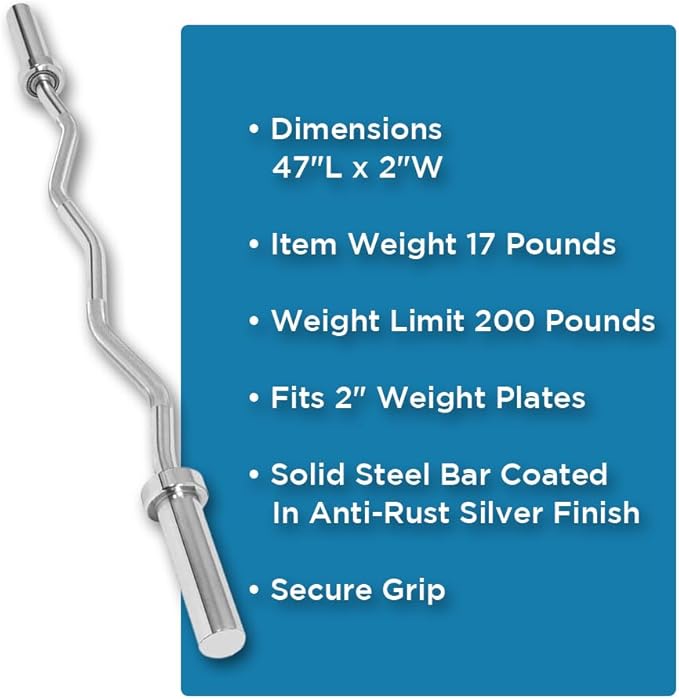 Olympic Super Curl Barbell 47 Inch - Heavy-Duty EZ Curl Bar with 200 lb Capacity for Weight Bench Training - Fits 2 Inch Weight Plates - Anti-Rust Coated - Multi-Use Gym Equipment