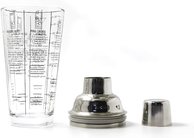 Premium Glass Bottom Cocktail Shaker with Stainless Steel Top - Professional Quality, Built-in Recipes, Perfect Size, Unique Gift, Hand Wash Jigger