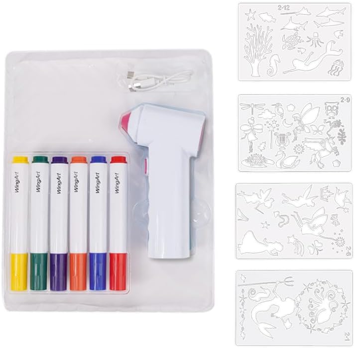 Electric Cordless Marker Airbrush Kit, Mermaid, Includes 1 Airbrush, 6 Jumbo Markers, 4 Plastic Stencils, USB Cable &amp; Instruction Sheet, Kids Arts &amp; Crafts Drawing Tool, Safe &amp; Easy to Use