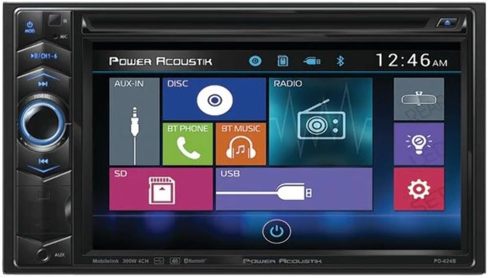 Power Acoustik PD-624B 6.2 Inch Double-DIN in-Dash LCD Touchscreen DVD Receiver with Bluetooth