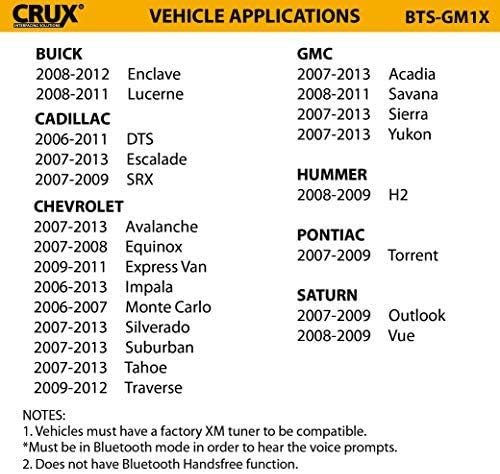 Crux BTS-GM1X Bluetooth Music Streaming for Select GM Vehicles (with Factory XM Tuner) 2006-2013