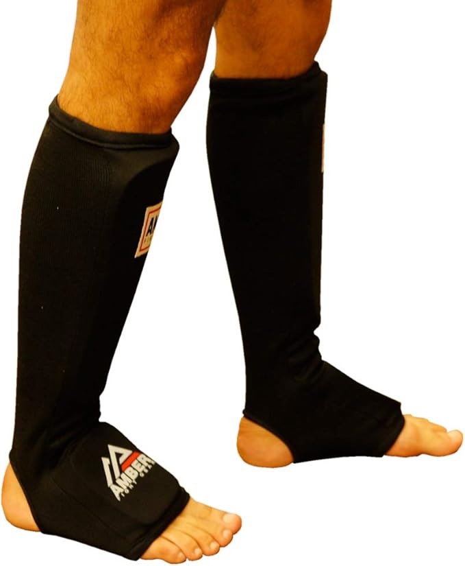 Amber Fight Gear Nylon Shin and InstepMuay Thai Shin-n-Step for Muay Thai Kickboxing MMA Protective Training Sparring Shin Guards Pair
