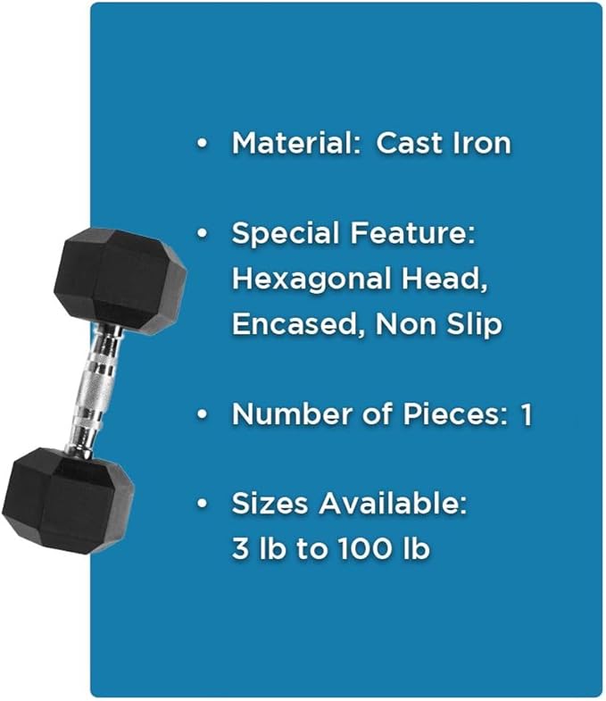 Rubber Encased Hex Dumbbell Weight, Solid Cast Iron Core, Chrome Knurled Handle, Anti-Roll Hex Design, Single Dumbbell for Strength Training, Available 3lb to 100lb