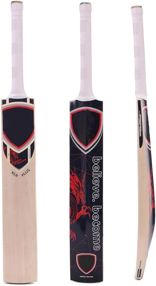 KLR Plus Kashmir Willow Cricket Bat, Handcrafted Grade R Willow with Web Tape Front and Full Sticker Back Kashmir Willow Handle, Red and Black