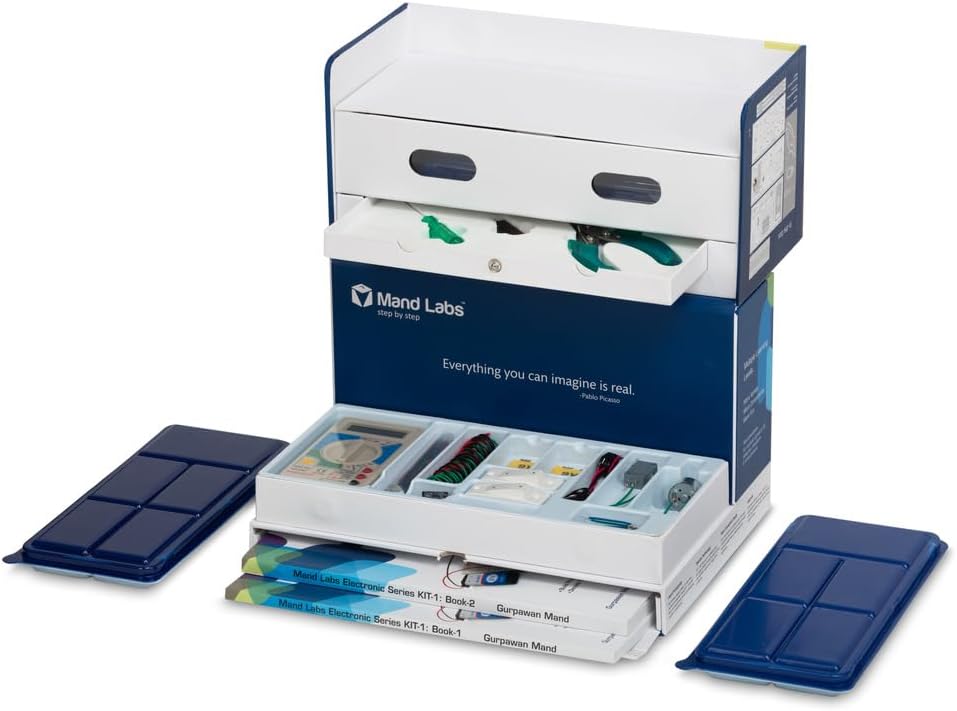 Mand Labs KIT-1 Standard Edition Version 4 STEM Electronics Kit with 57 Projects, 136 Components, 2 Guide Books, 60 Videos, and Flash Drive for DIY Learning in Electronics and Robotics