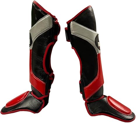 Invincible Shin &amp; Instep - Premium Synthetic Leather Shin Guards for Muay Thai, MMA, Martial Arts Training &amp; Sparring,Black/Red/Silver - Durable Protection for Adults, Teens, Men, and Women, Large