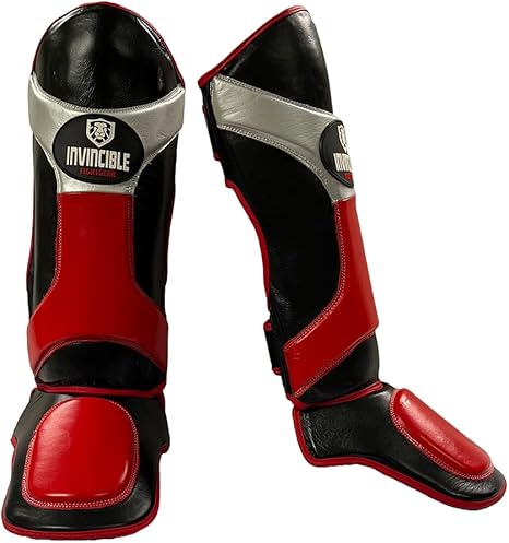 Invincible Shin &amp; Instep - Premium Synthetic Leather Shin Guards for Muay Thai, MMA, Martial Arts Training &amp; Sparring,Black/Red/Silver - Durable Protection for Adults, Teens, Men, and Women, Medium