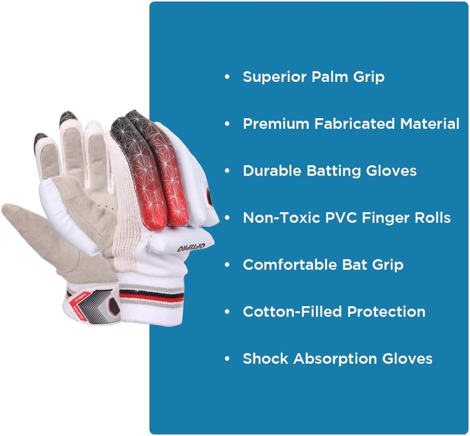 Optipro Batting Gloves for Cricket Premium Fabric Palm, Non-Toxic PVC Finger Rolls, Cotton Back Ventilated &amp; Lightweight, Sweat-Resistant for Better Grip