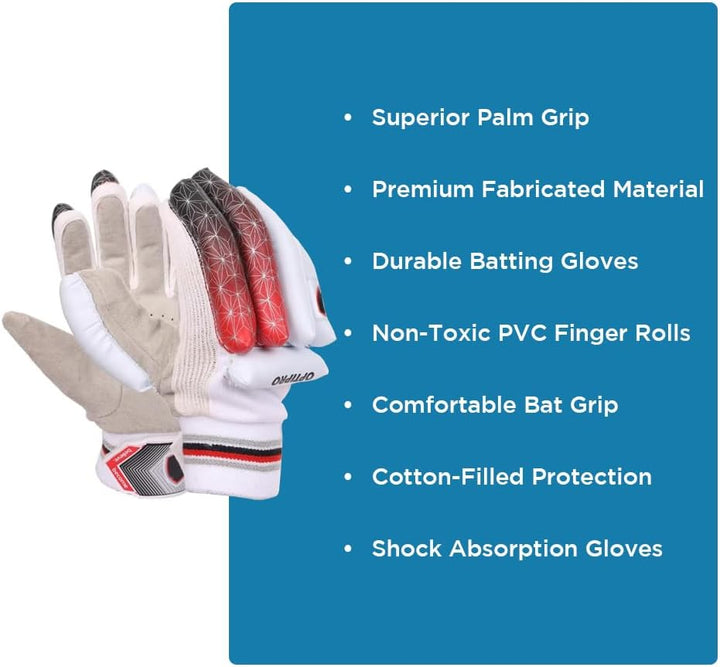 Optipro Batting Gloves for Cricket Premium Fabric Palm, Non-Toxic PVC Finger Rolls, Cotton Back Ventilated &amp; Lightweight, Sweat-Resistant for Better Grip