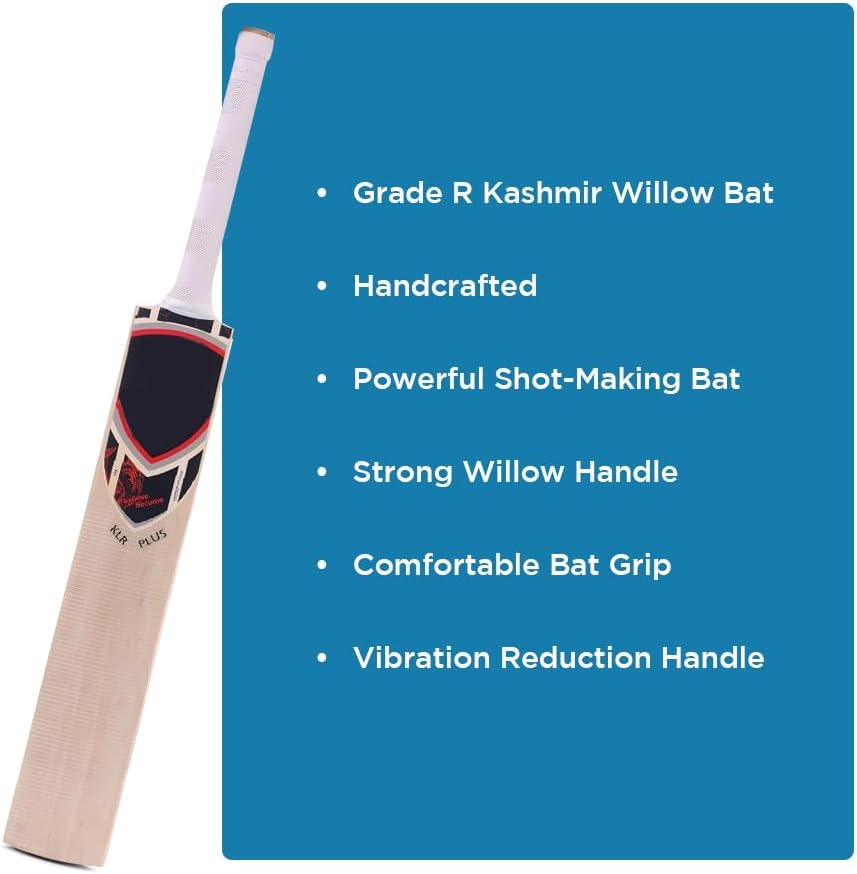 KLR Plus Kashmir Willow Cricket Bat, Handcrafted Grade R Willow with Web Tape Front and Full Sticker Back Kashmir Willow Handle, Red and Black