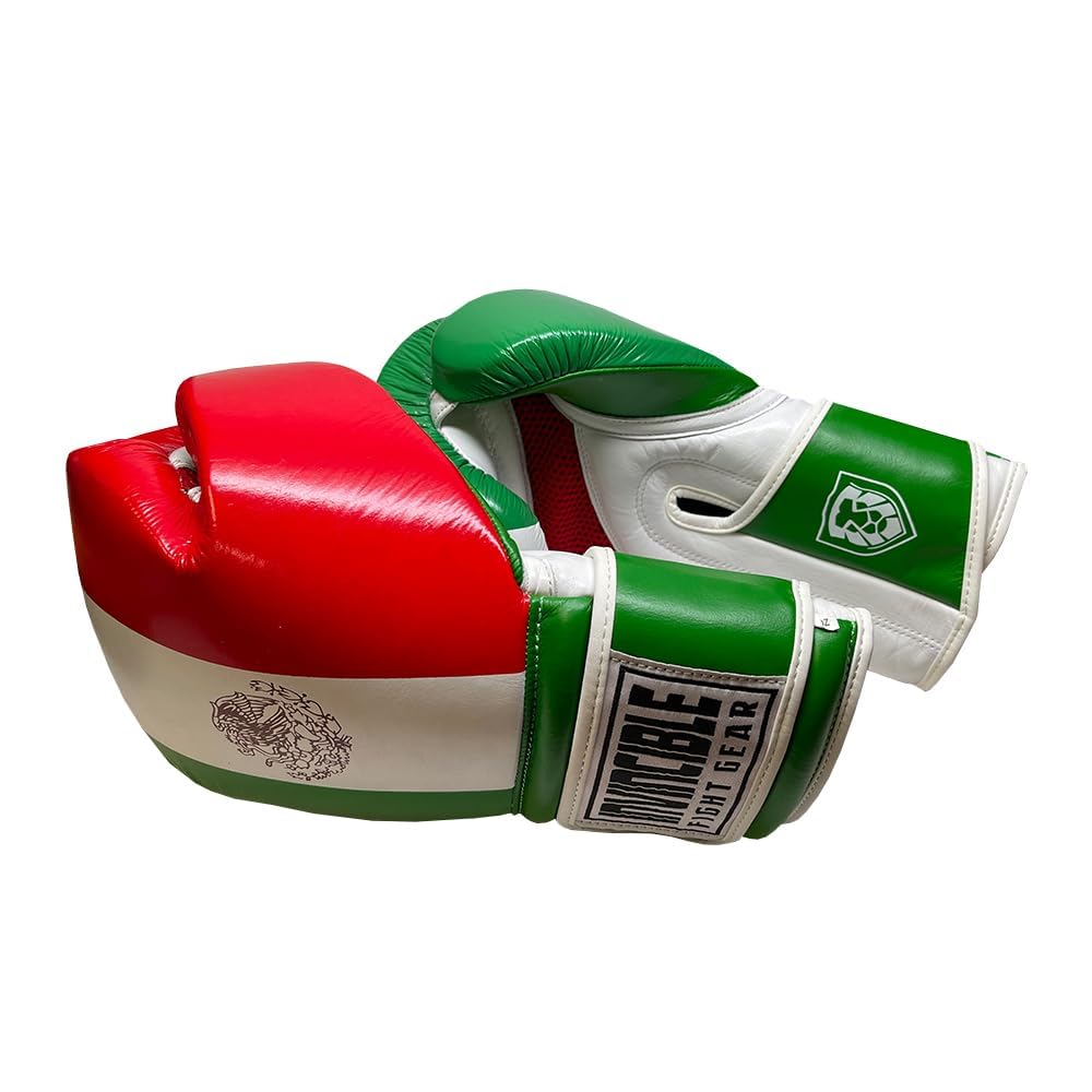 Invincible Fight Gear Standard Hook and Loop Leather Training Boxing Gloves with Mexican Flag Colors -Ideal for Boxing, Kickboxing, Muay Thai, MMA for Men Women and Kids