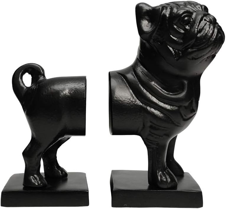 Pug Figure Decorative Bookends, Heavy Duty Metal Non-Skid Bookends with Antique Rough Finish, Perfect for Organizing Books, Movies, Magazines, and Video Games ? Set of 2