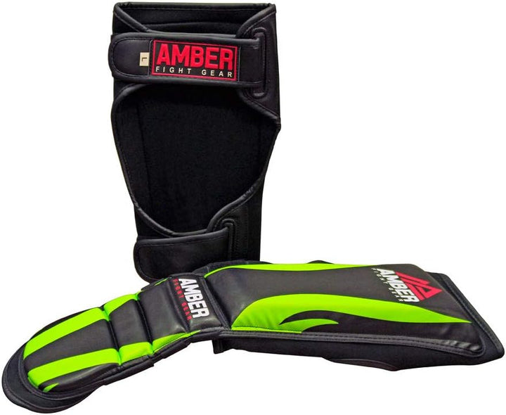 Ultimate Shield Muay Thai Shin &amp; Instep Guards, 100% Hi-Tec Skintex Leather, High-Density Foam Padding, Three-Foot Straps, Rubber Traction Dots, Ideal for Kickboxing Training